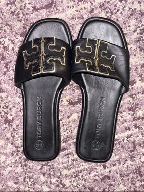 Tory Burch Black Slide Sandals with Gold Logo Stitching